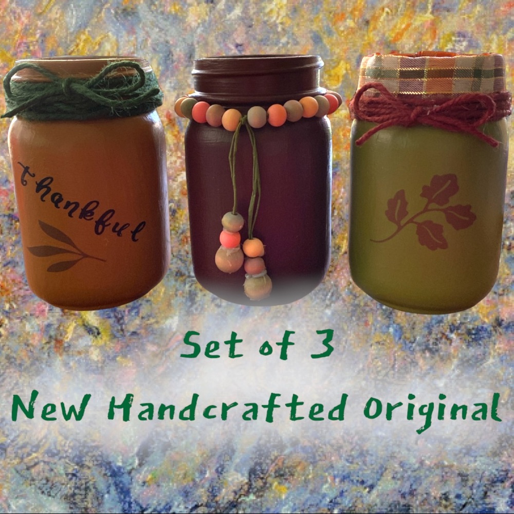 Beautiful Set of 3 Thankful New Fall Mason Jars Handcrafted Thanksgiving Decor